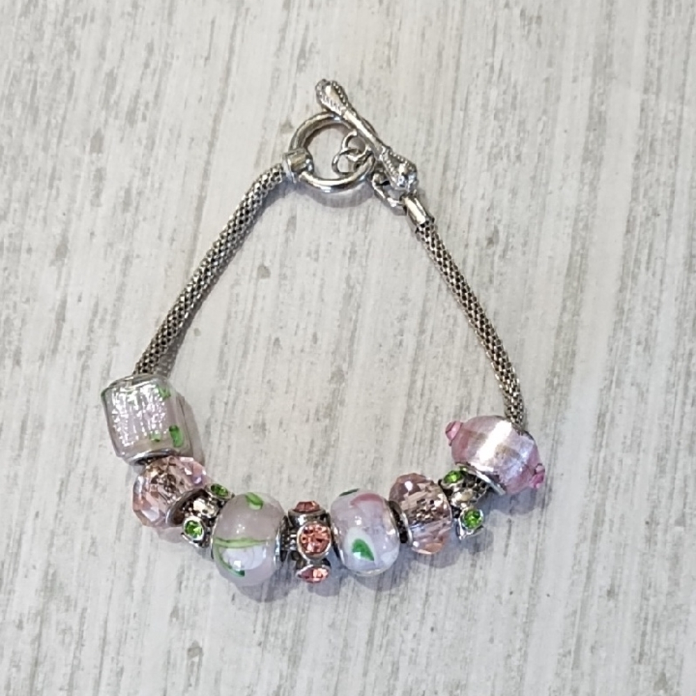 Elegant Silver, Green and Pink Floral Beaded Metal Bracelet
